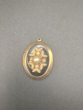 Gold-Tone Oval Black Enamel Locket Pendant with Pearl Accents